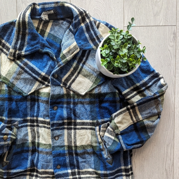 BLUE VINTAGE 80s FLANNEL - Picture 2 of 3